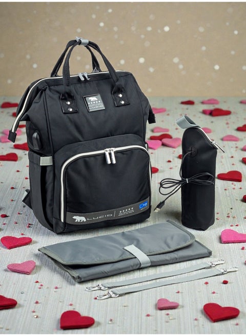 حقيبة حفاضات ذات سعة كبيرة متعددة الوظائف بتصميم جديد من LUCID مع وسادة حفاضات وحقيبة زجاجة - أسود